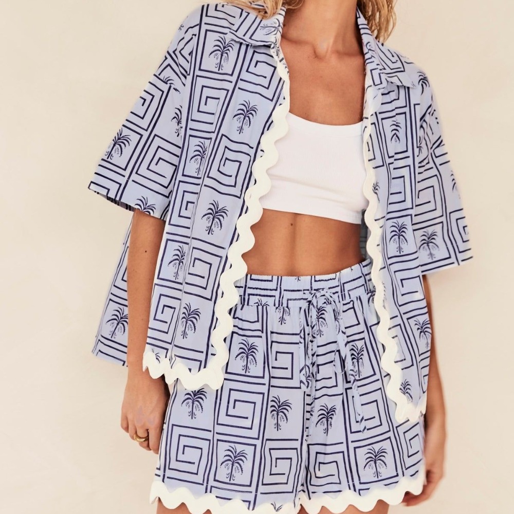 Spring-Summer Women's Printed Shirt & Shorts Loungewear Set Color-Block Fashion Two-Piece