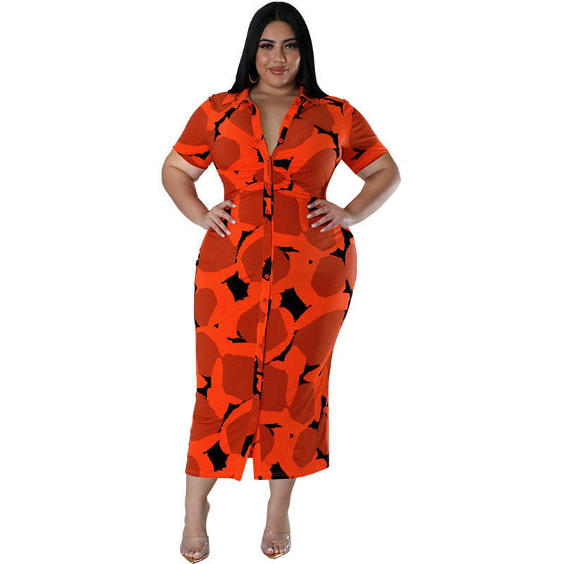 Plus Size Button-Down Lapel Short-Sleeve Maxi Dress Flattering & Comfortable Women's Long Dress