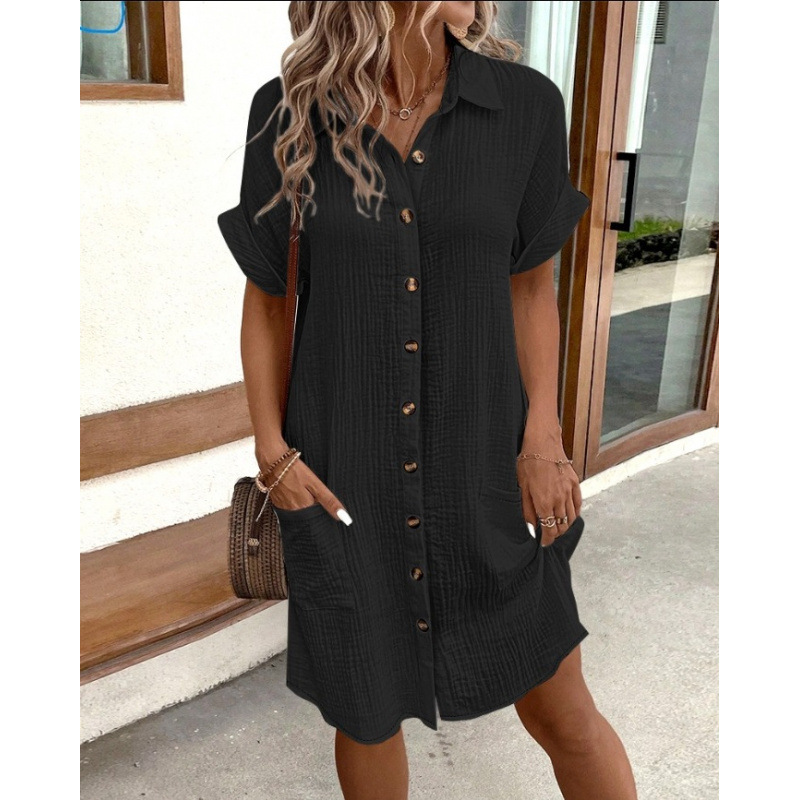Women's Summer Lapel Collar Button Down Dress Loose Fit Short Sleeve Knee-Length Shirt Dress with Pockets Solid Color Tunic Midi Dress Work Office Casual Daily Beach Vacation Essential 
