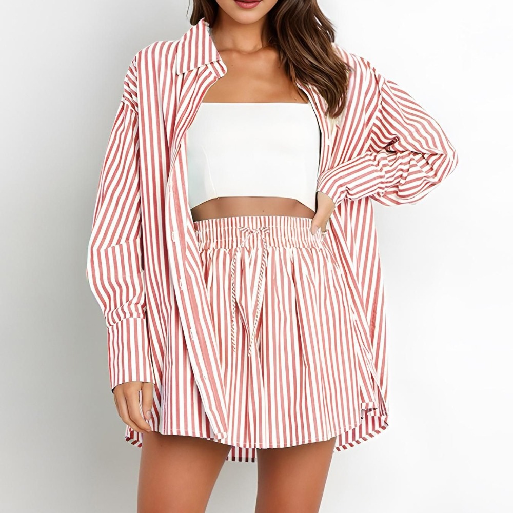 Stylish Women’s Two-Piece Set for Spring-Summer Striped Long-Sleeve Shirt Ensemble for Work & Leisure