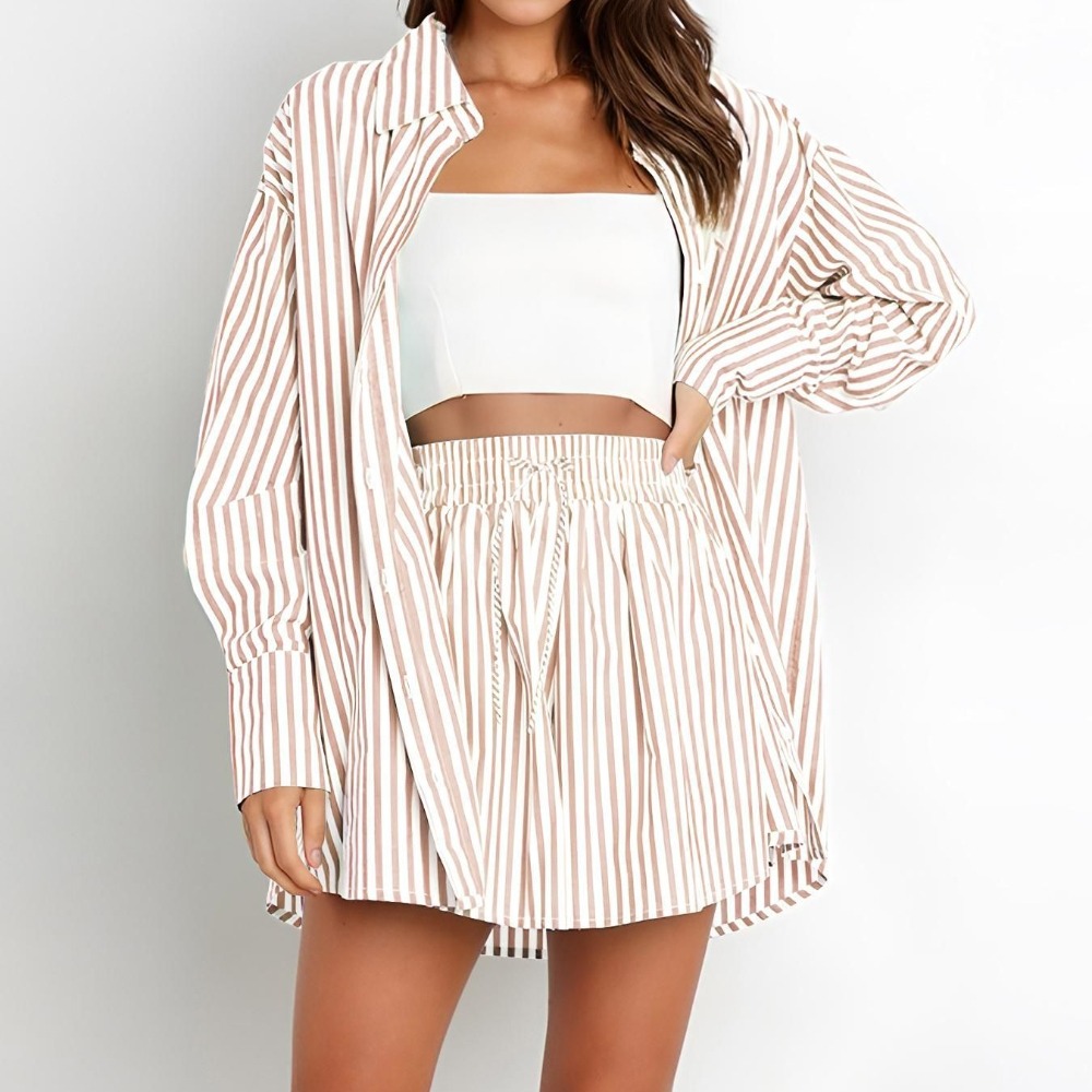 春夏气质通勤休闲套装时尚女式衬衫条纹长袖两件套