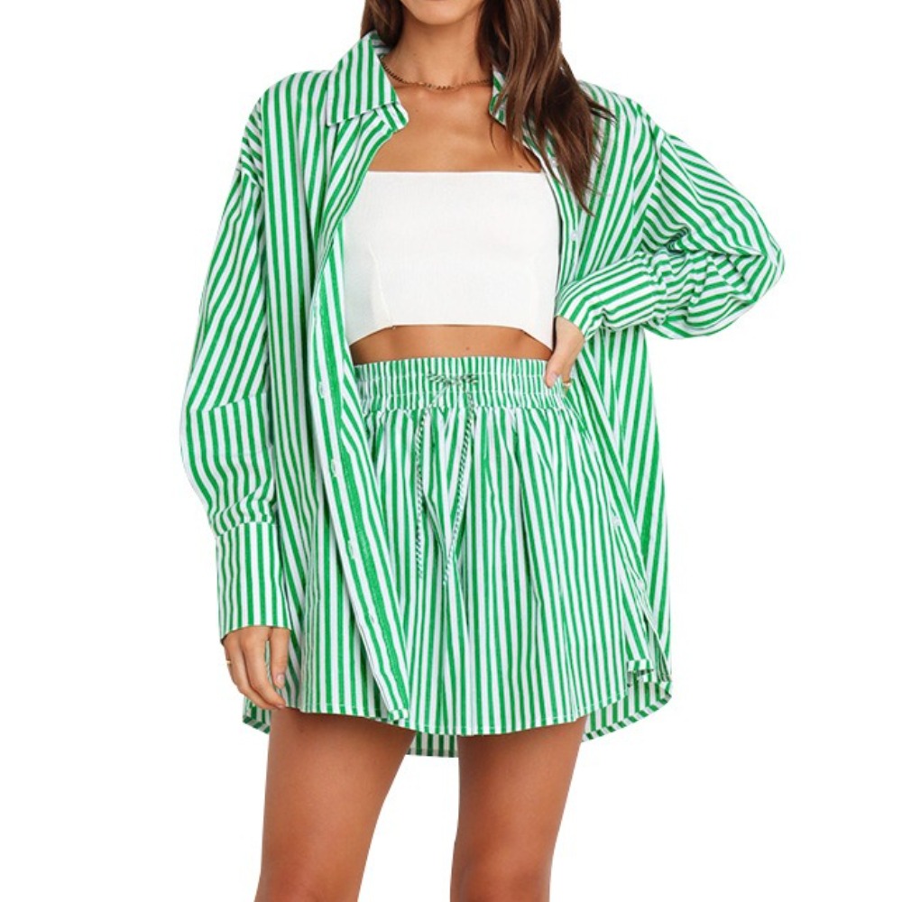 Stylish Women’s Two-Piece Set for Spring-Summer Striped Long-Sleeve Shirt Ensemble for Work & Leisure
