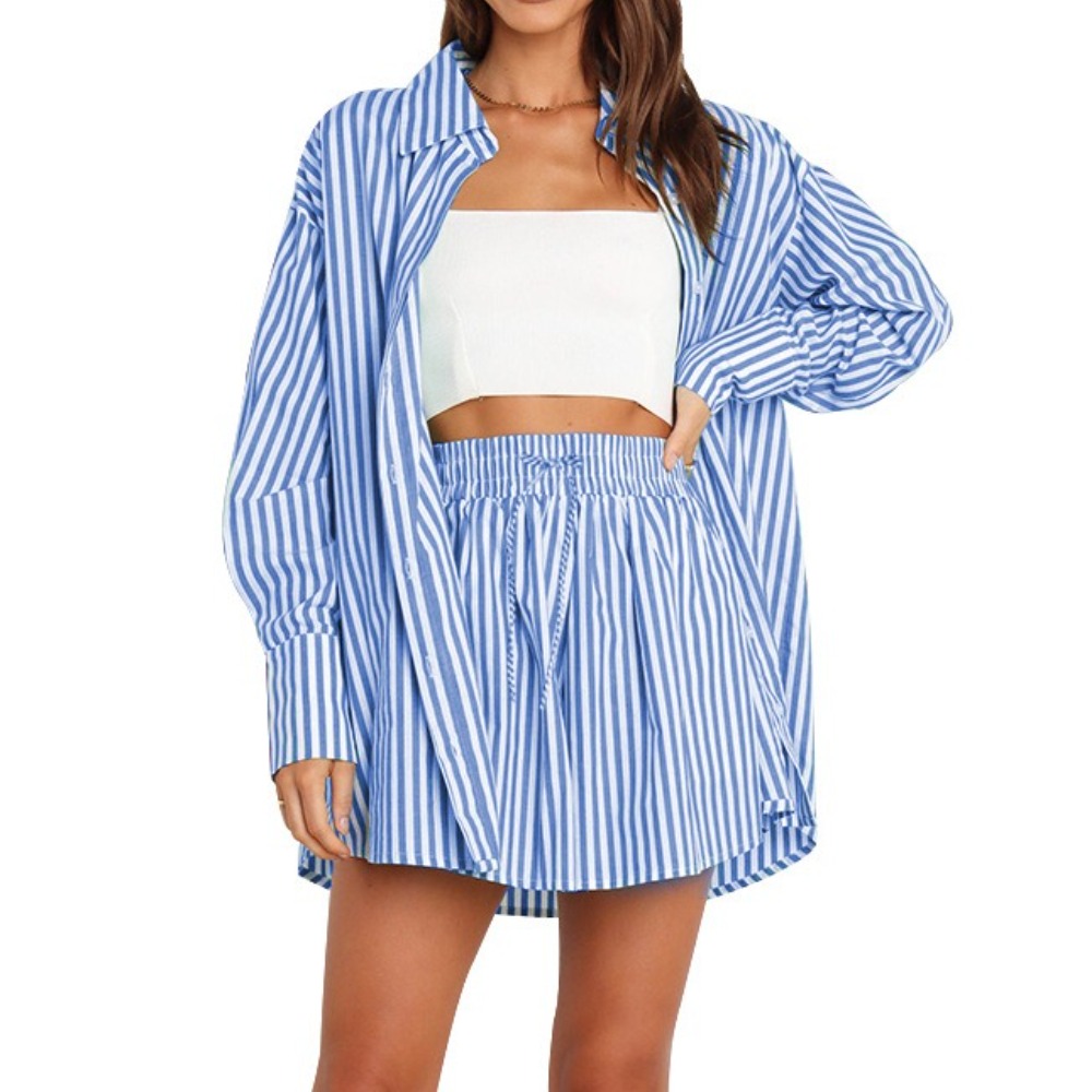 Stylish Women’s Two-Piece Set for Spring-Summer Striped Long-Sleeve Shirt Ensemble for Work & Leisure