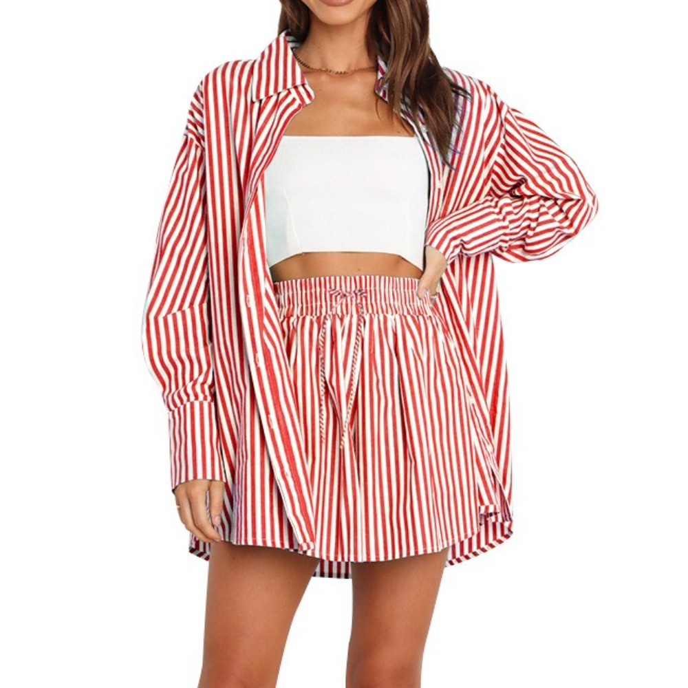 春夏气质通勤休闲套装时尚女式衬衫条纹长袖两件套