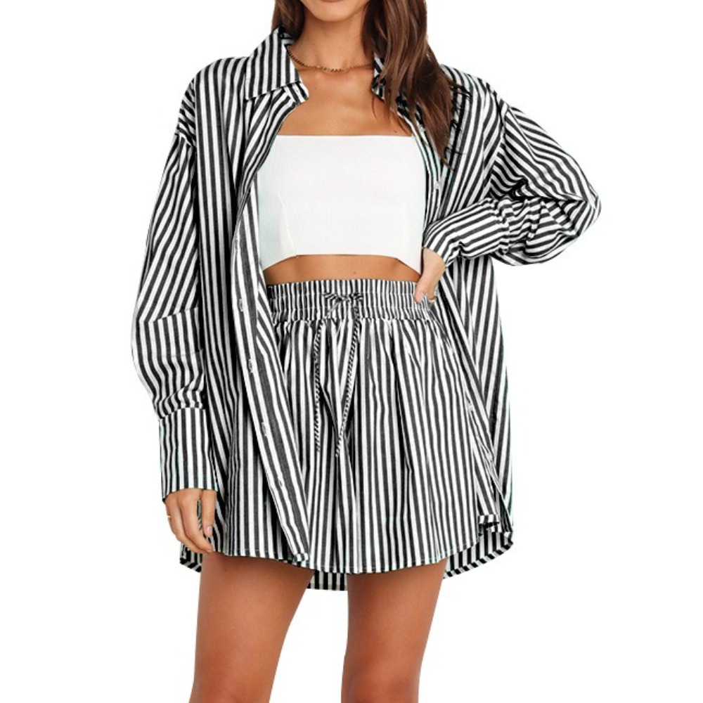 春夏气质通勤休闲套装时尚女式衬衫条纹长袖两件套