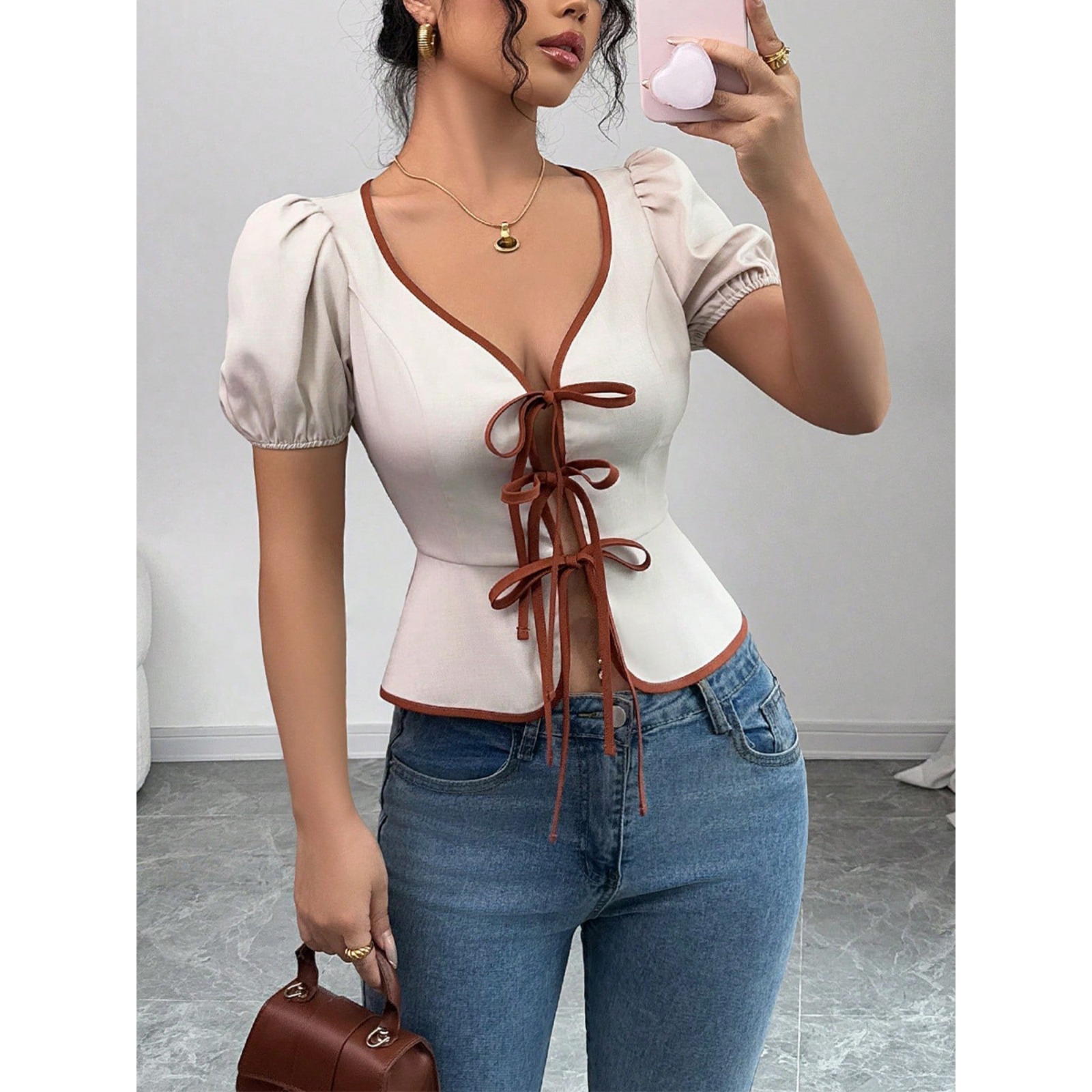 Women's Summer Bow Tie-Front Polyester Blouse White Puffed Elastic Sleeve Slim Fit Shirt with Contrast Trim Casual Girly Top