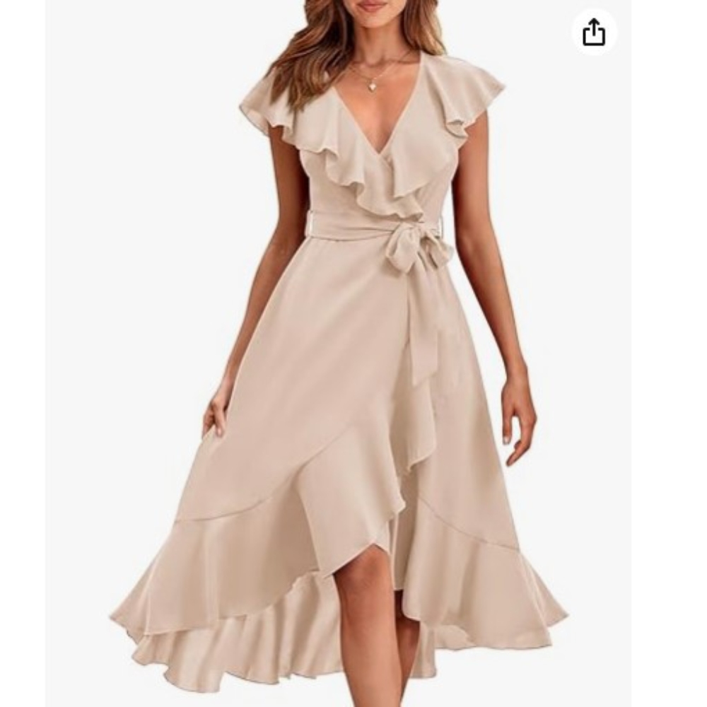 欧美跨境2024亚马逊速卖通新款V领短袖荷叶边长款气质系带连衣裙