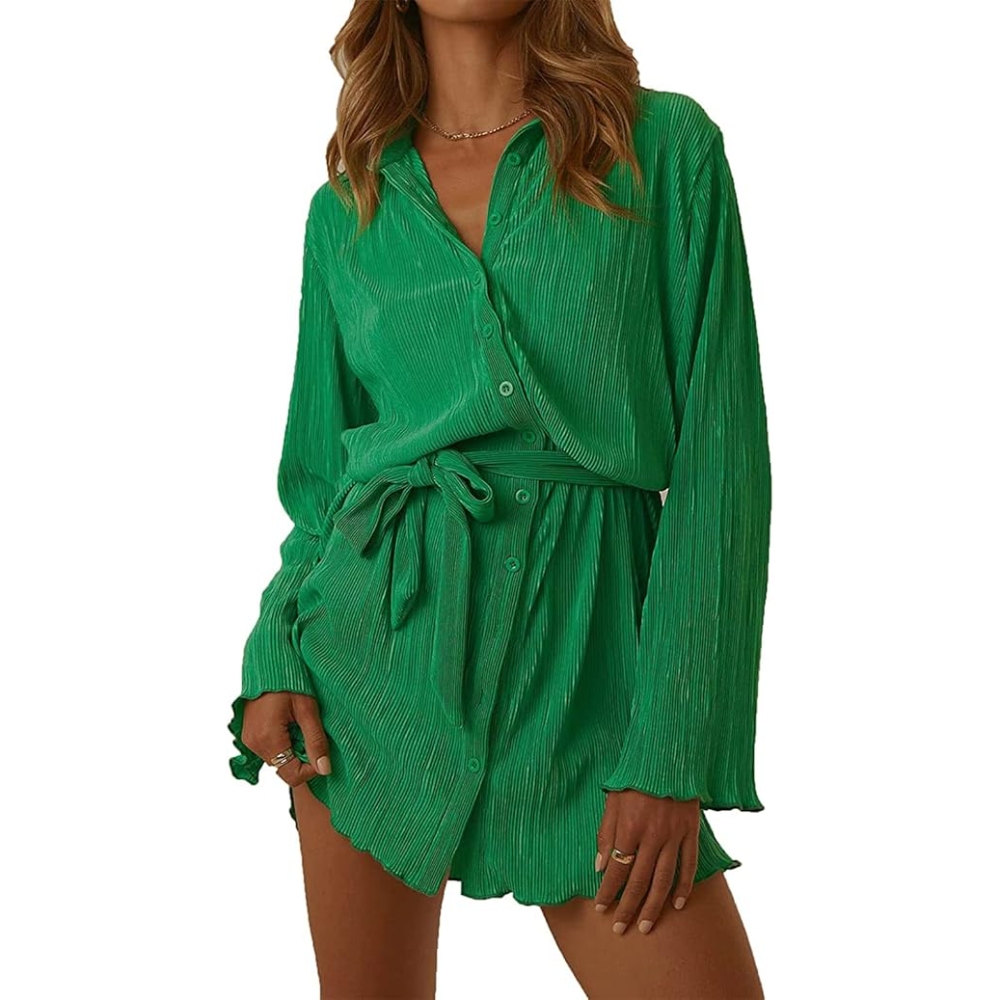 Women's Summer V Neck Long Sleeve Print Shirt Dress with Belt - Trendy Pleated Button Down Tunic Mini Dress Loose Vintage Streetwear Office Commute Dress for Daily Work & Casual Outings 