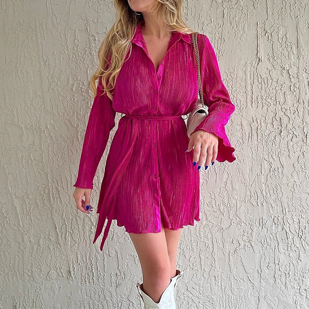 Women's Summer V Neck Long Sleeve Print Shirt Dress with Belt - Trendy Pleated Button Down Tunic Mini Dress Loose Vintage Streetwear Office Commute Dress for Daily Work & Casual Outings 