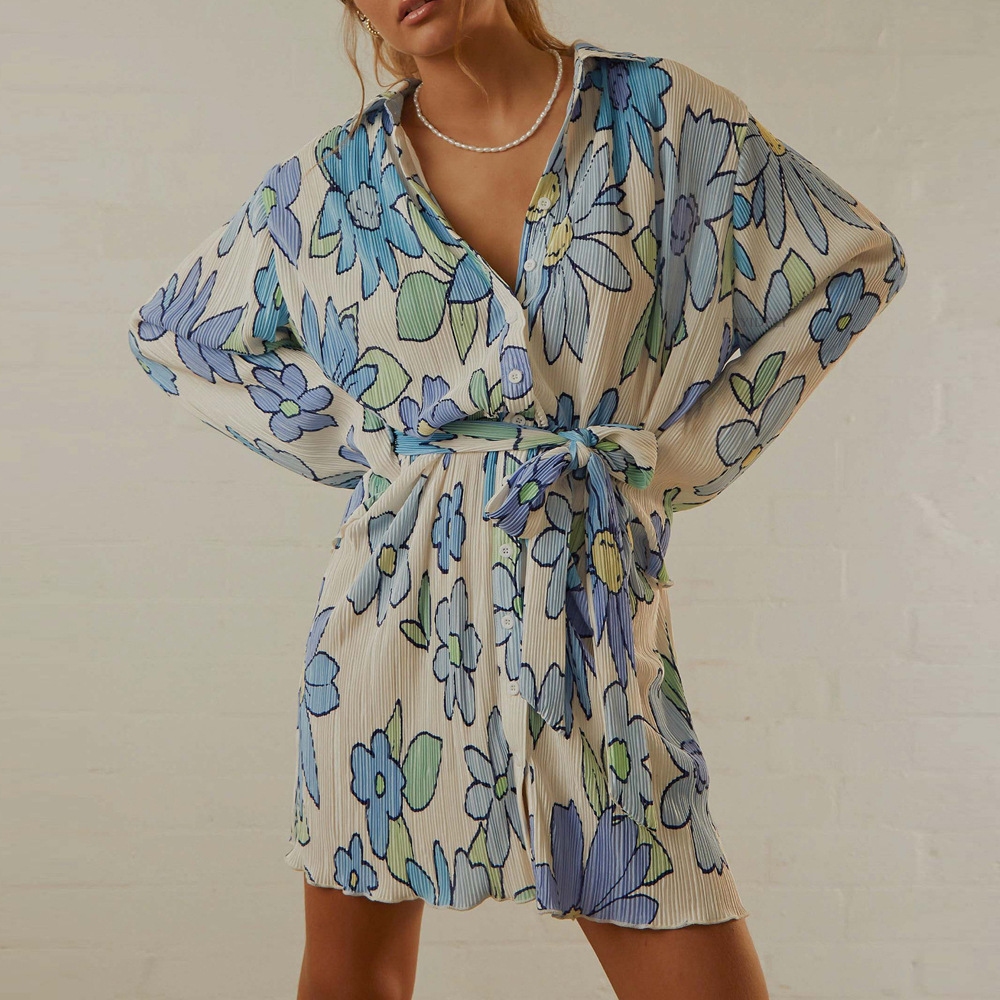 跨境欧美2024秋季新款气质通勤花朵印花系带翻领开衫长袖连衣裙女