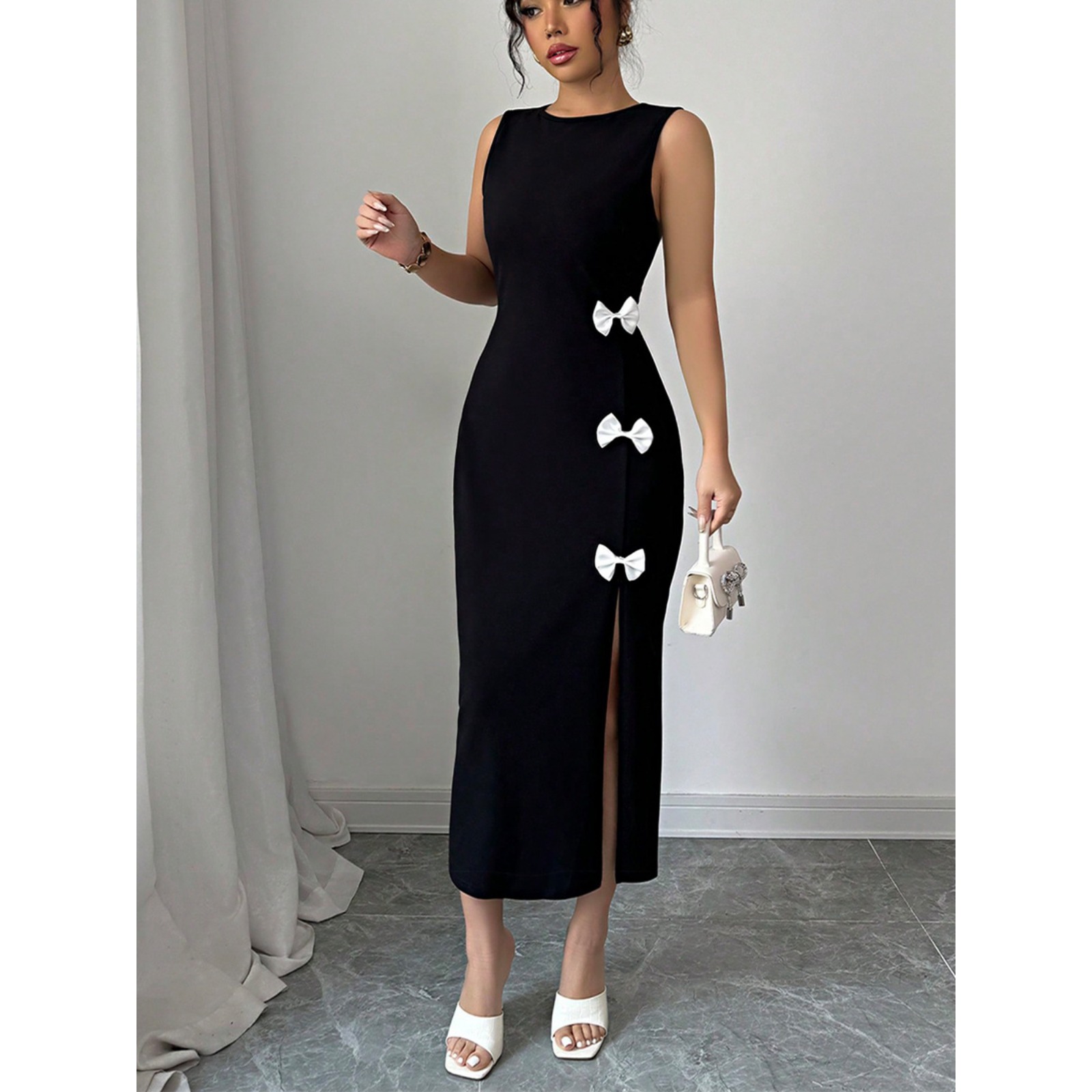 Women's Black Sleeveless Elegant Bodycon Maxi Dress Bow Tie Slit Detail Summer Spring Slim Fit Backless Dress with White Bow Accent