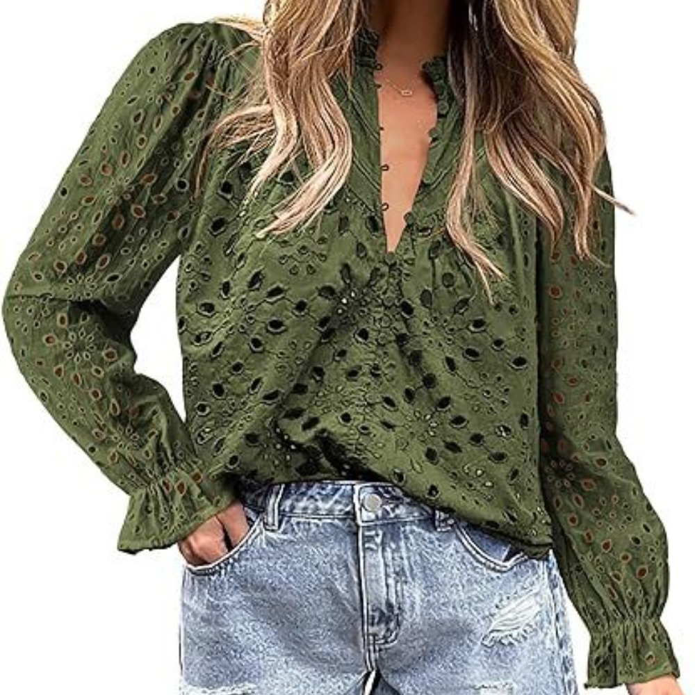 女式秋季上衣时尚喇叭长袖休闲V 领纽扣镂空蕾丝刺绣衬衫