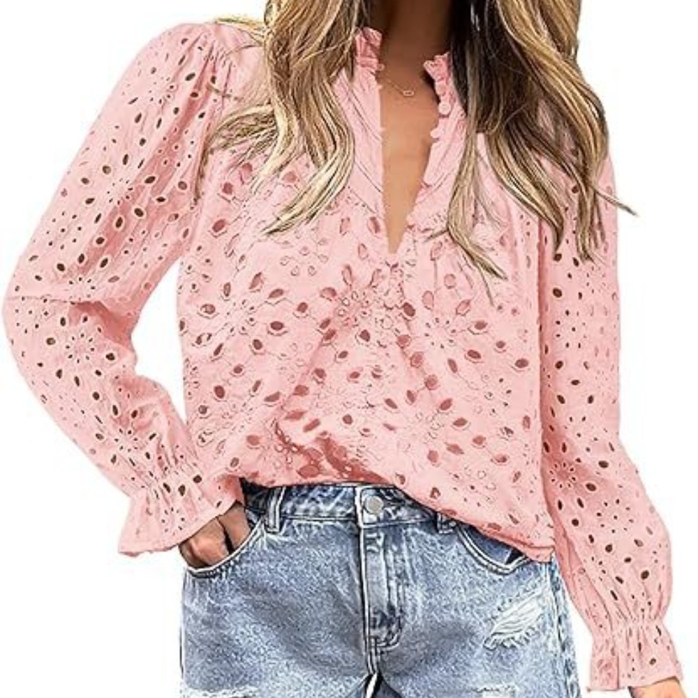 女式秋季上衣时尚喇叭长袖休闲V 领纽扣镂空蕾丝刺绣衬衫