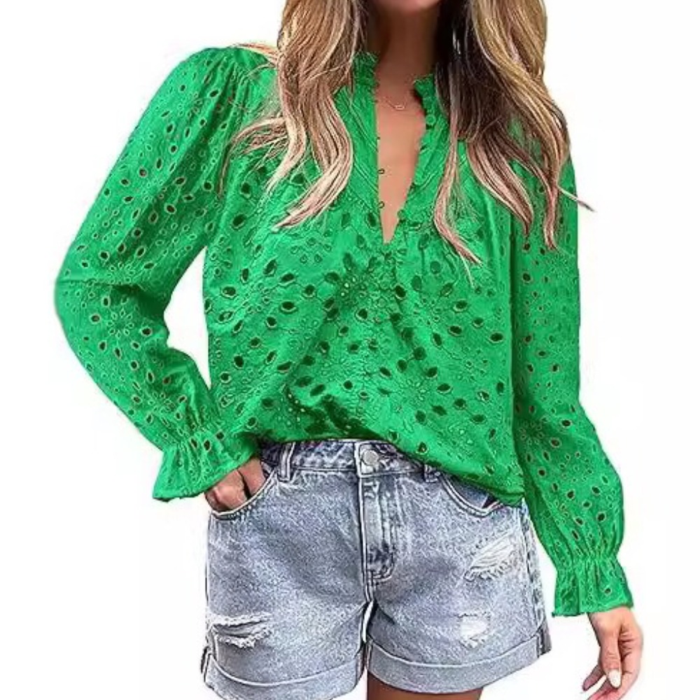 女式秋季上衣时尚喇叭长袖休闲V 领纽扣镂空蕾丝刺绣衬衫