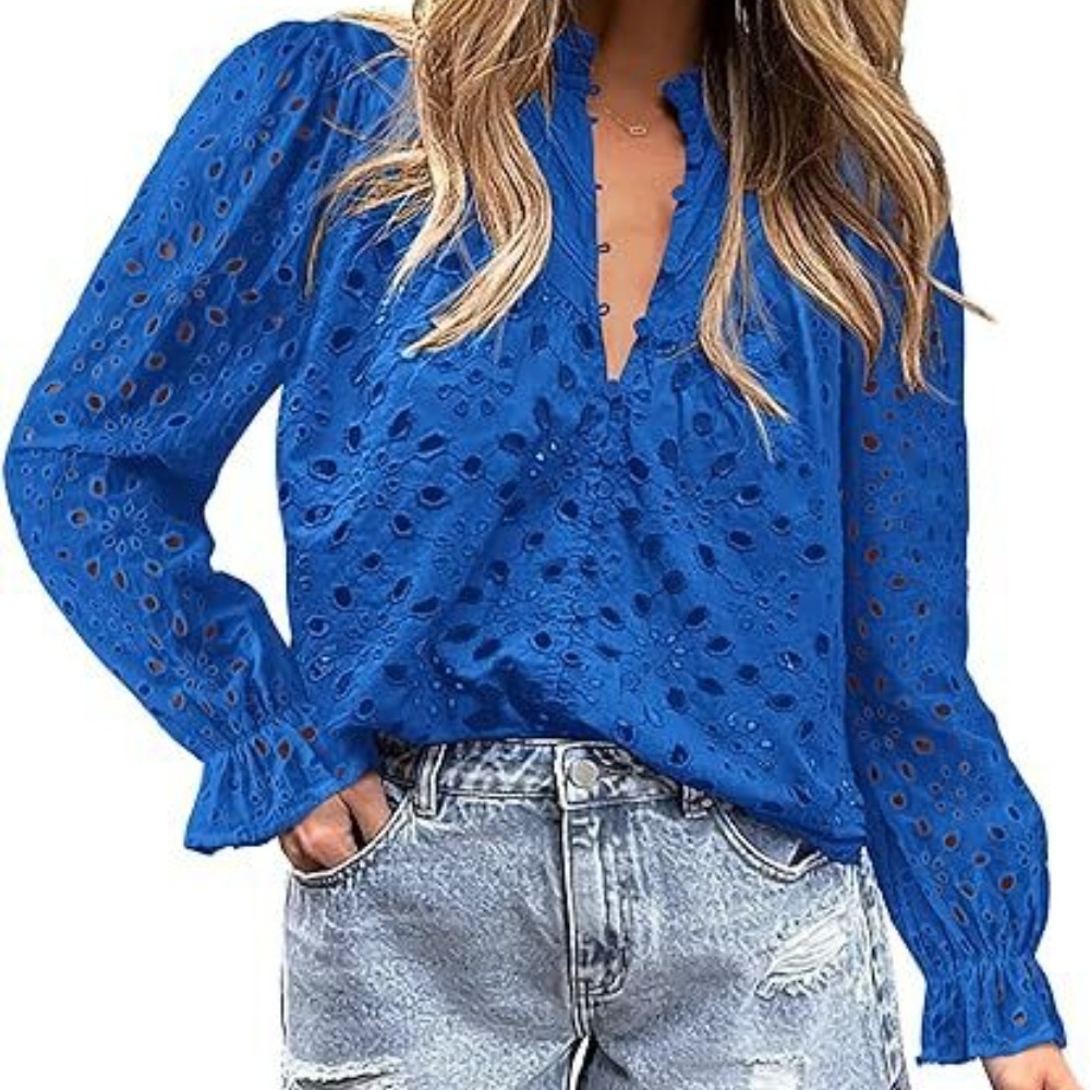 女式秋季上衣时尚喇叭长袖休闲V 领纽扣镂空蕾丝刺绣衬衫