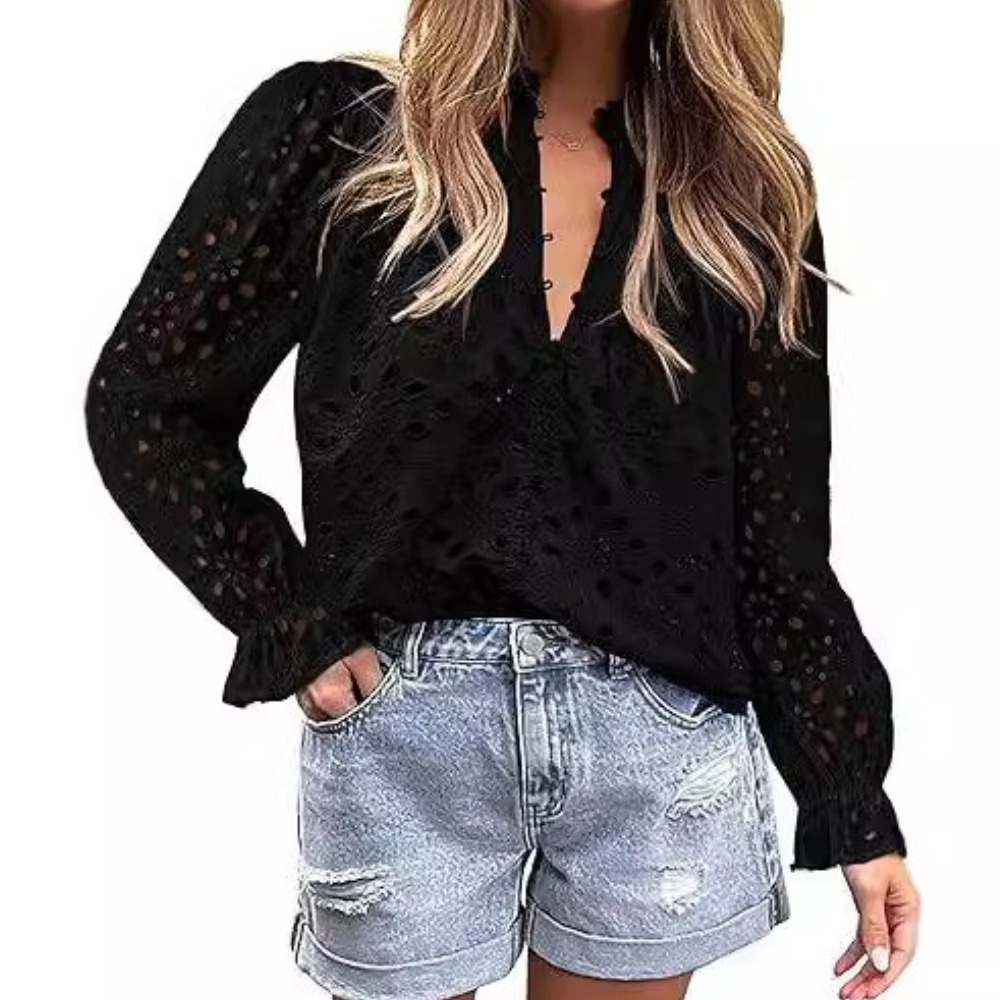 女式秋季上衣时尚喇叭长袖休闲V 领纽扣镂空蕾丝刺绣衬衫