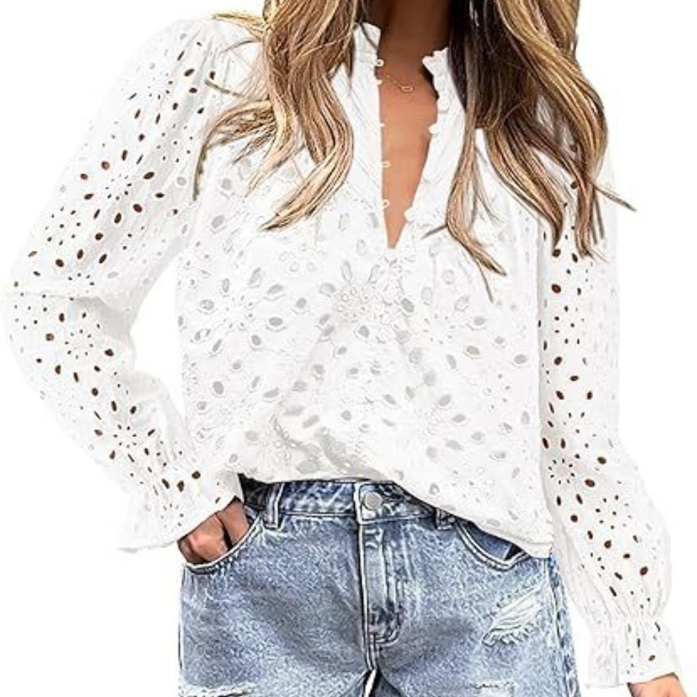 女式秋季上衣时尚喇叭长袖休闲V 领纽扣镂空蕾丝刺绣衬衫