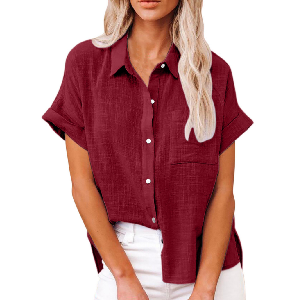 Women's Solid Color Linen Short-Sleeve Shirt Loose-Fit Breathable & Casual Summer Blouse