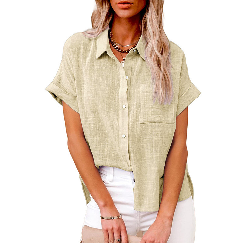 Women's Solid Color Linen Short-Sleeve Shirt Loose-Fit Breathable & Casual Summer Blouse