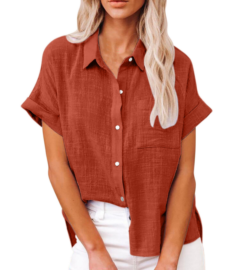Women's Solid Color Linen Short-Sleeve Shirt Loose-Fit Breathable & Casual Summer Blouse