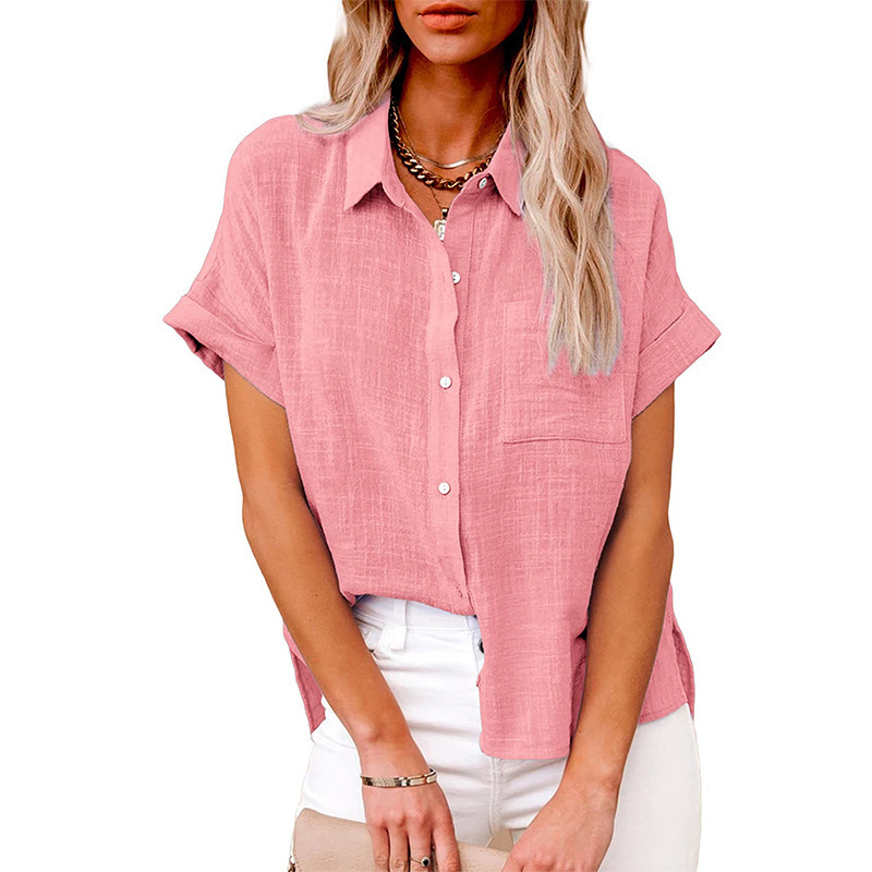 Women's Solid Color Linen Short-Sleeve Shirt Loose-Fit Breathable & Casual Summer Blouse