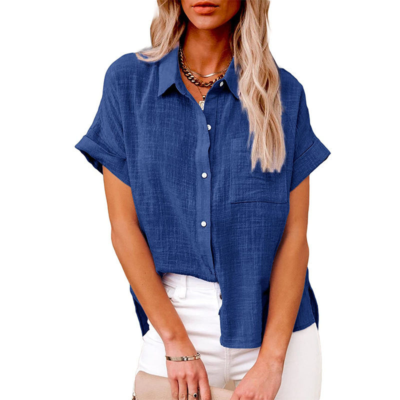 Women's Solid Color Linen Short-Sleeve Shirt Loose-Fit Breathable & Casual Summer Blouse
