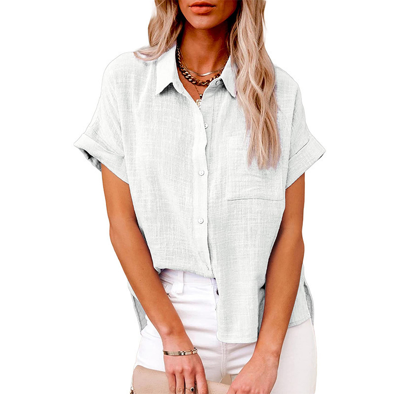 Women's Solid Color Linen Short-Sleeve Shirt Loose-Fit Breathable & Casual Summer Blouse