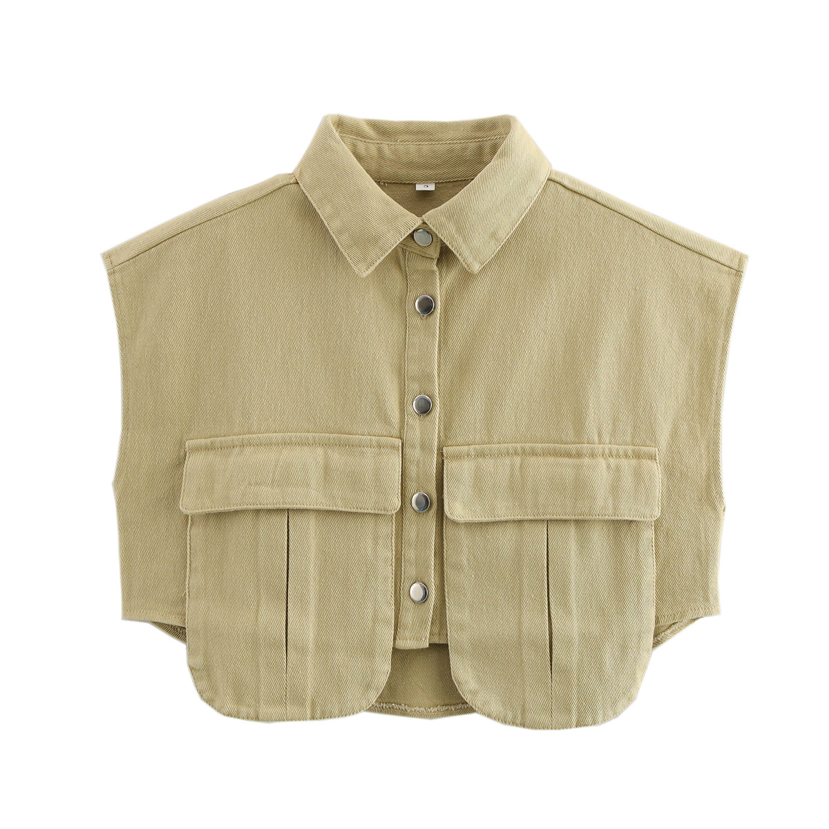 纯色大口袋无袖Polo领牛仔衬衫上衣女