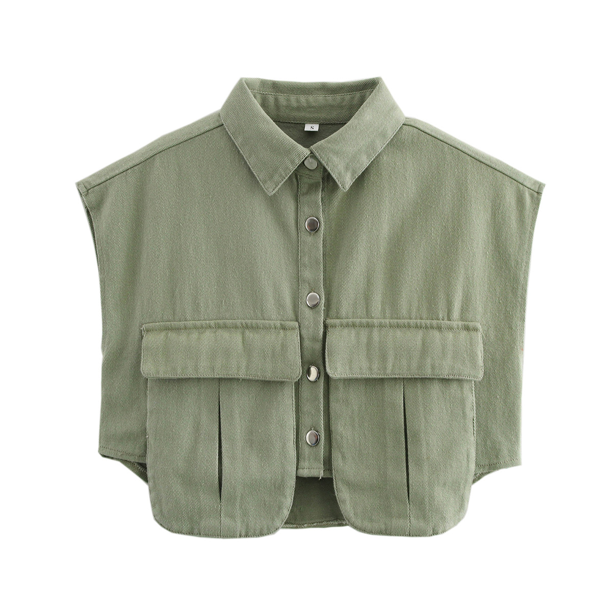 Women's Solid Color Sleeveless Polo Collar Denim Shirt Oversized Pockets Casual & Stylish