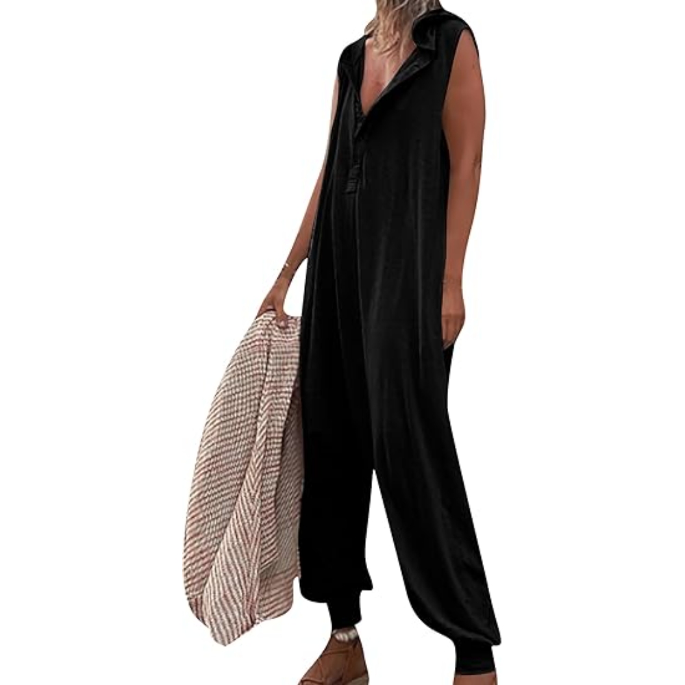Women's Summer Button Hooded Jumpsuit V Neck Sleeveless Button Romper with Placket Solid Color Loose Fit Overalls Style Long Pant Romper Casual Work Party Trendy Clothing