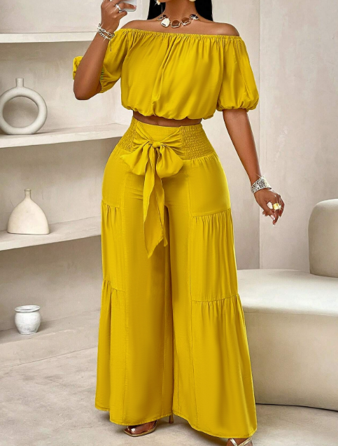 女式两件套3/4长袖衬衫阔腿喇叭休闲长宫廷飘逸休闲裤高腰领带结沙滩裤