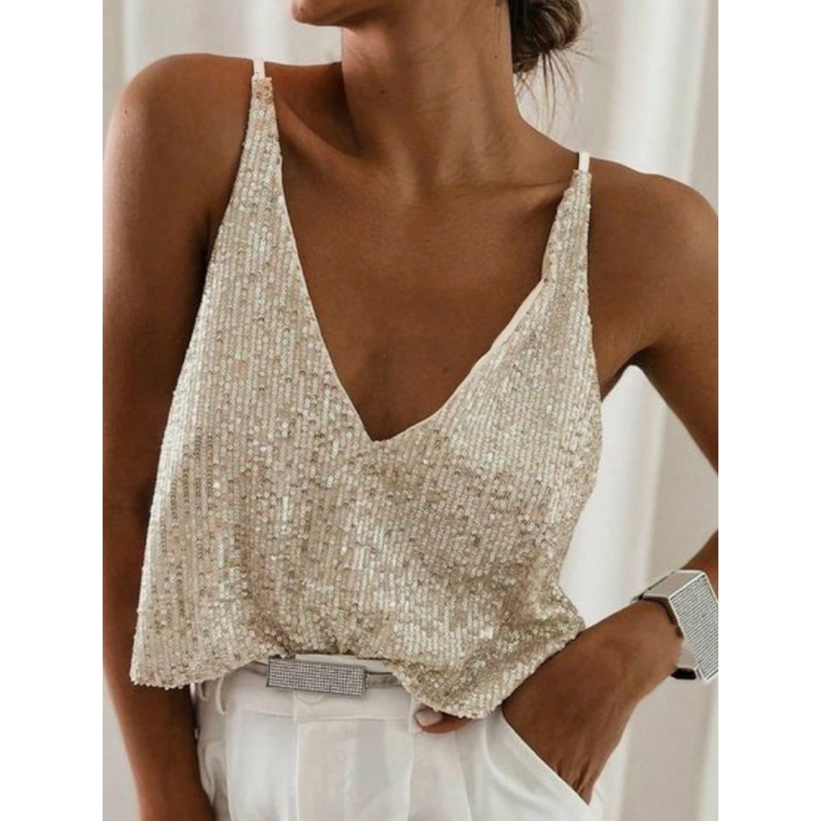 Women's Sequin V-Neck Sleeveless Cami Top - Sexy Sparkly Party Tank for Night Out & Special Occasions