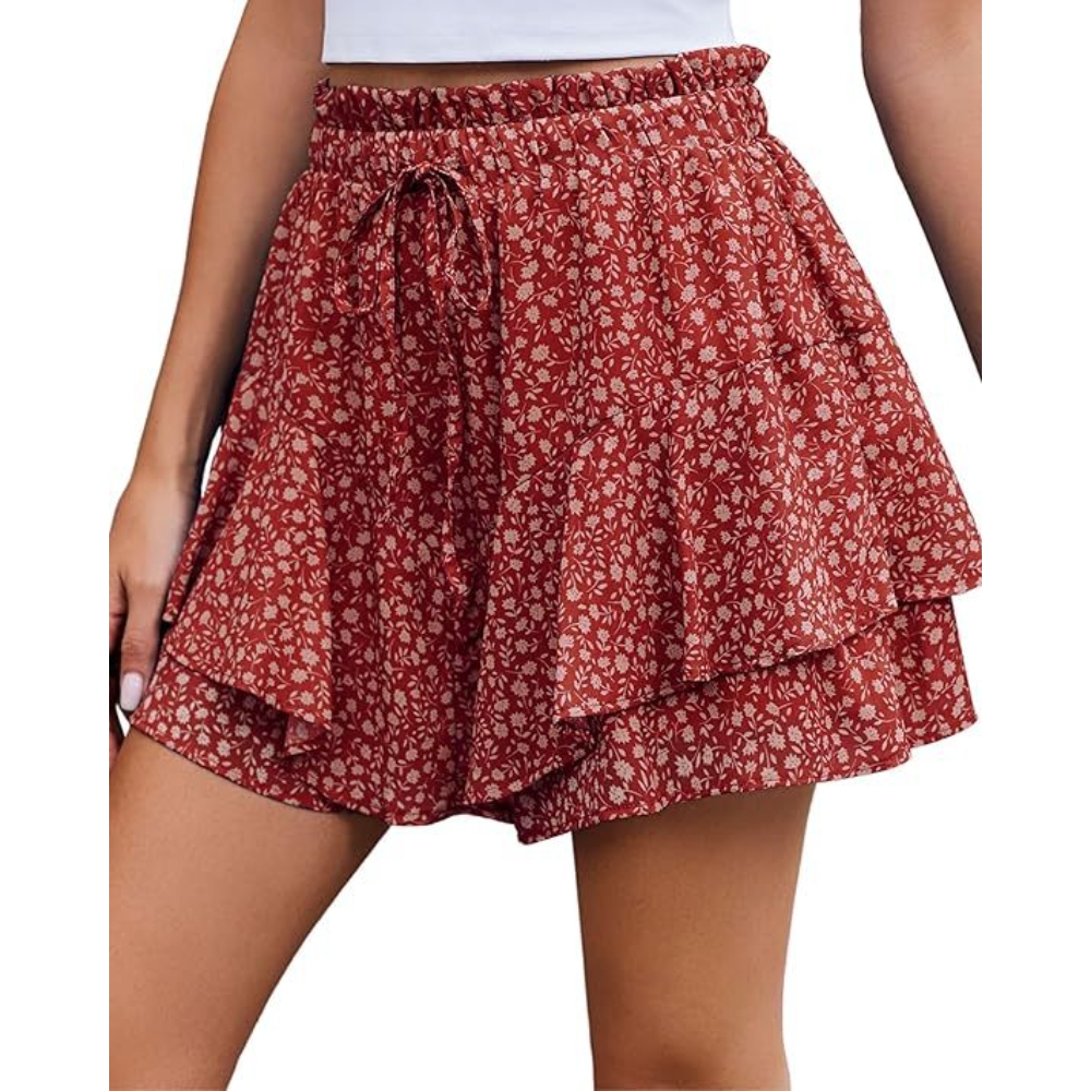 Women's Summer Floral High-Waisted Loose Fit Shorts Butterfly Flowy Mini Skirts Casual Trendy Chiffon Boho Ruffle Skorts for Beach Vacation Outings & Daily Wear