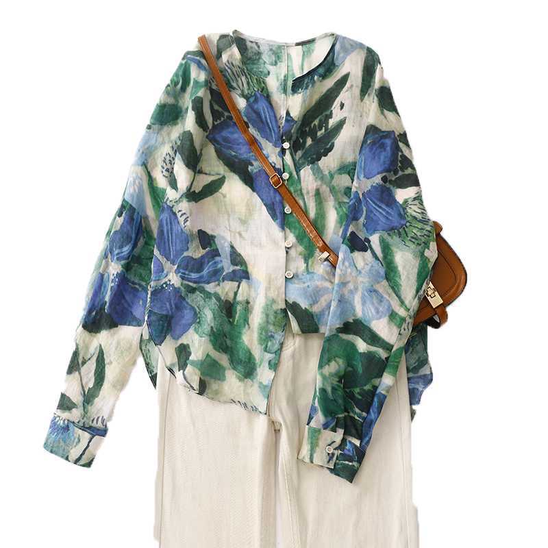Chic Loose Ramie Ombre-Printed Shirt for Women V-Neck Long Sleeves & Lightweight Design Loose Fit & Effortless Style