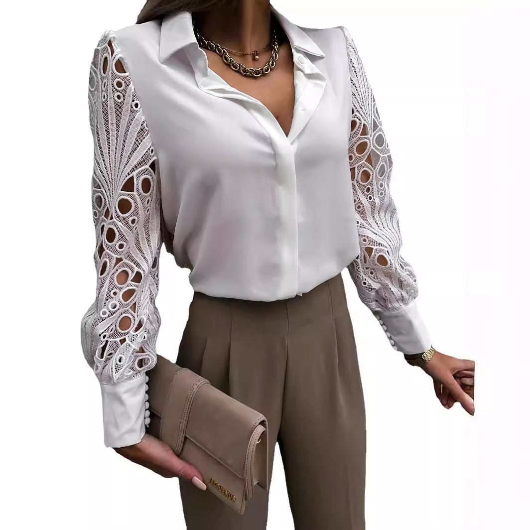 春夏新款热卖女士纯色蕾丝拼接衬衫衬衣女