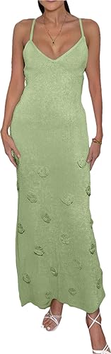 Women's Knit Maxi Dress Spaghetti Strap Floral Dresses Bodycon Knitted Beach Long Dress Backless Swim Cover up Dresses