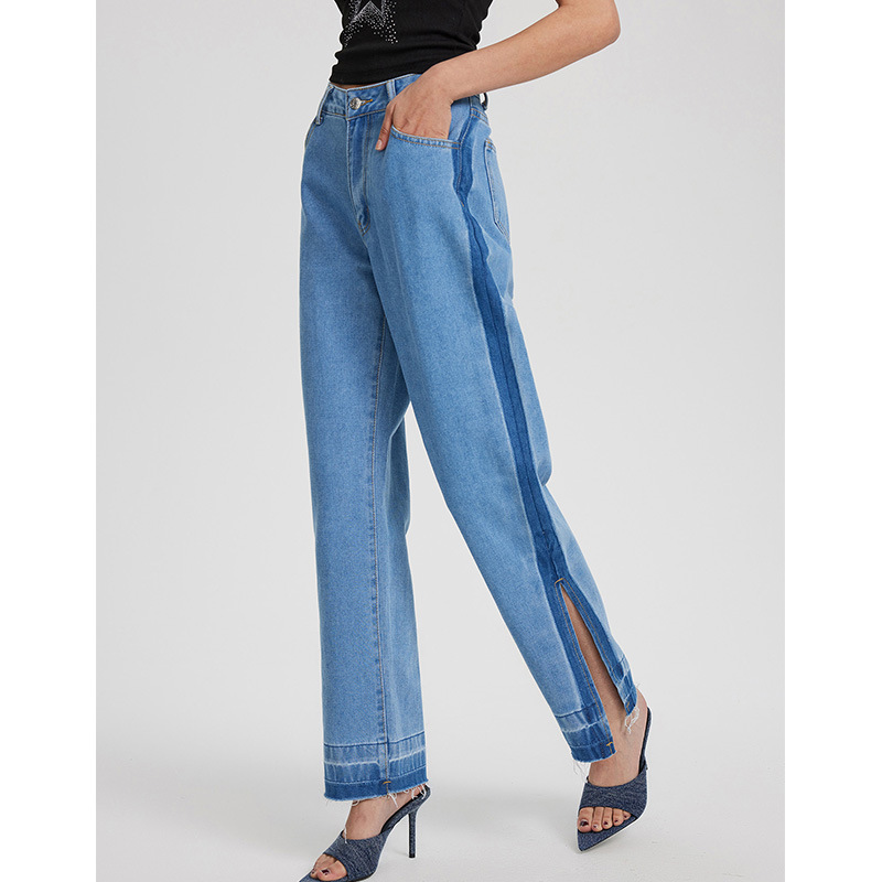 Vintage-Inspired High-Waist Straight Leg Denim Jeans Flared Cuff Slit for Retro Chic
