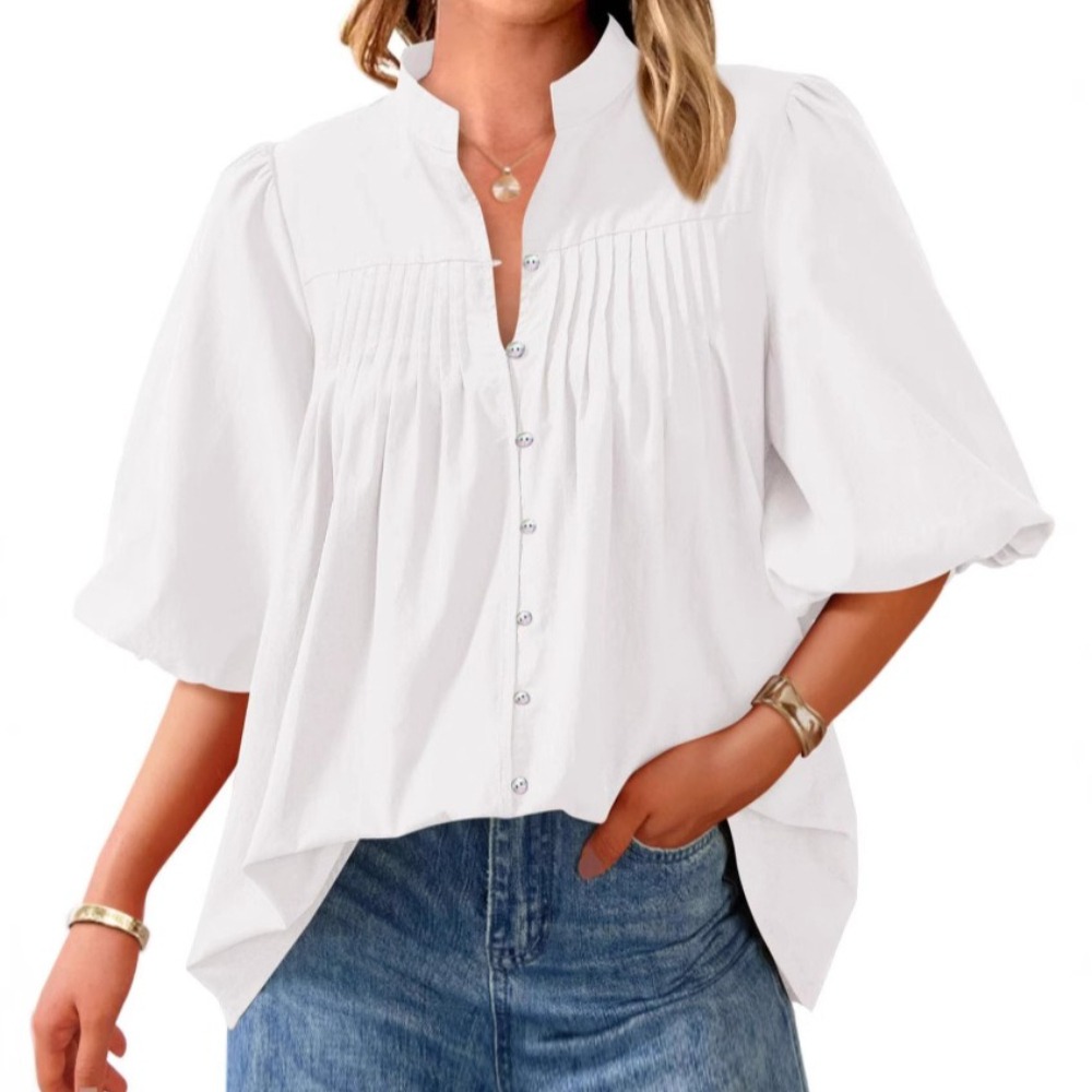 夏季短灯笼袖上衣宽松版型纽扣衬衫休闲褶裥 V 领衬衫