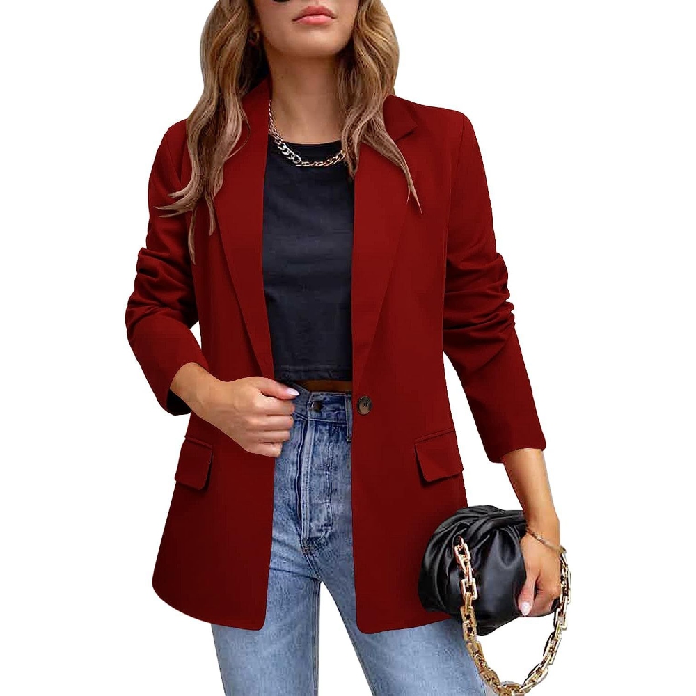 Women's Solid Color Long Sleeve Blazers Lapel Collar Button Open Front Slim Fit Jacket Business Casual Lightweight Work Office Jacket with Pocket