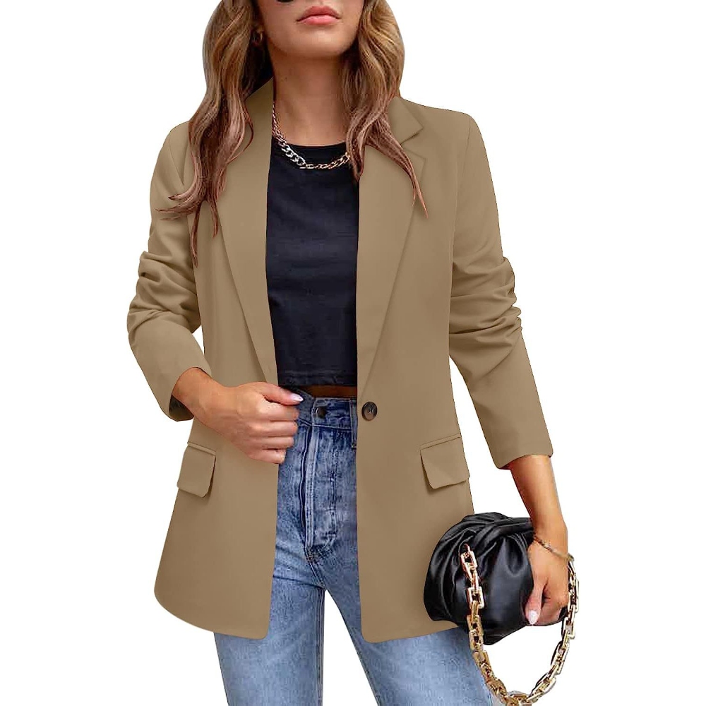 Women's Solid Color Long Sleeve Blazers Lapel Collar Button Open Front Slim Fit Jacket Business Casual Lightweight Work Office Jacket with Pocket