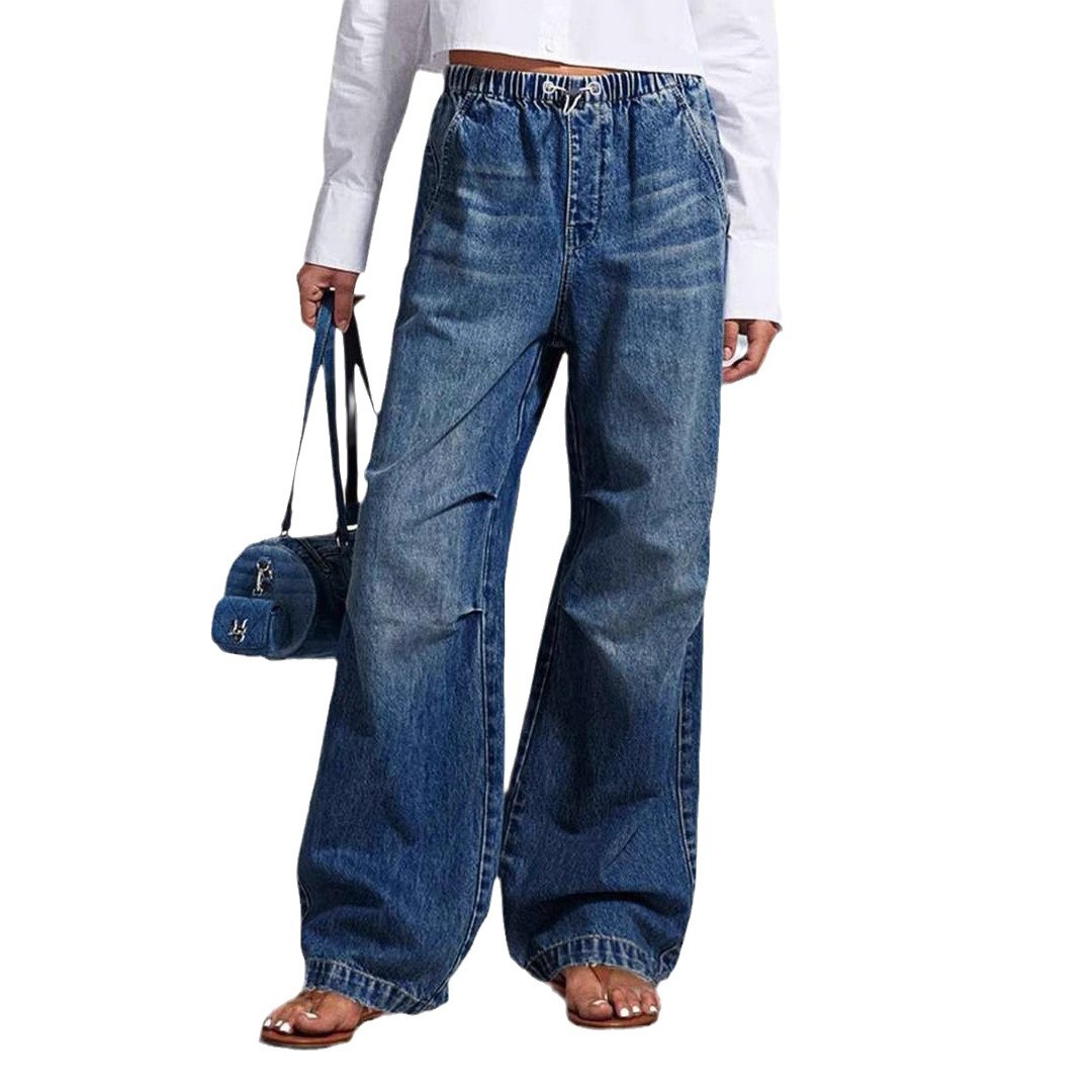 Women's Mid-Rise Wide-Leg Pleated Loose Jeans Retro Street Style Straight Trousers