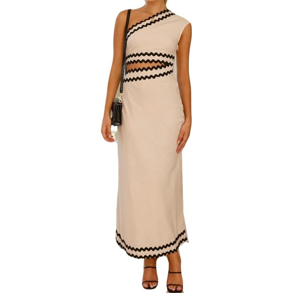 夏装新款女装斜肩拼接花边露腰单肩黑色长款连衣裙