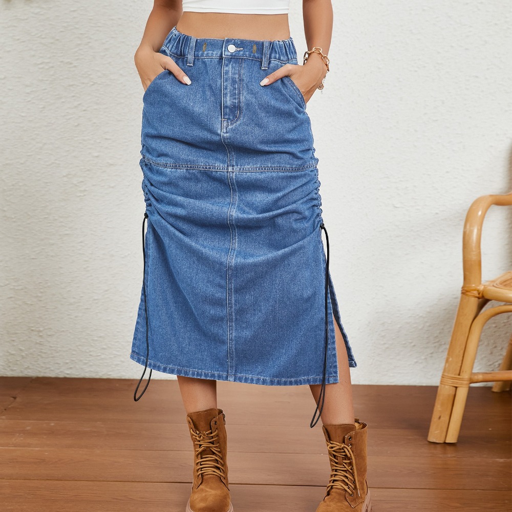 Washed Elastic Waist Drawstring Denim Midi Skirt Vintage-Inspired Flattering & Versatile