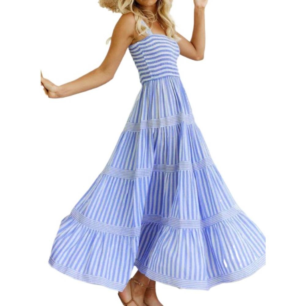 夏季新款欧美性感条纹印花吊带收腰度假连衣裙女