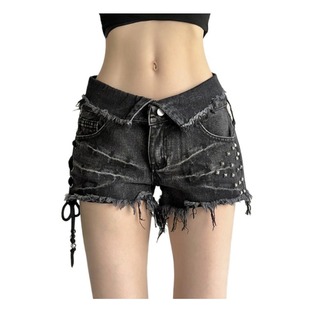美式街头风复古洗水黑色毛边牛仔短裤女跨境翻边腰头绑带辣妹热裤