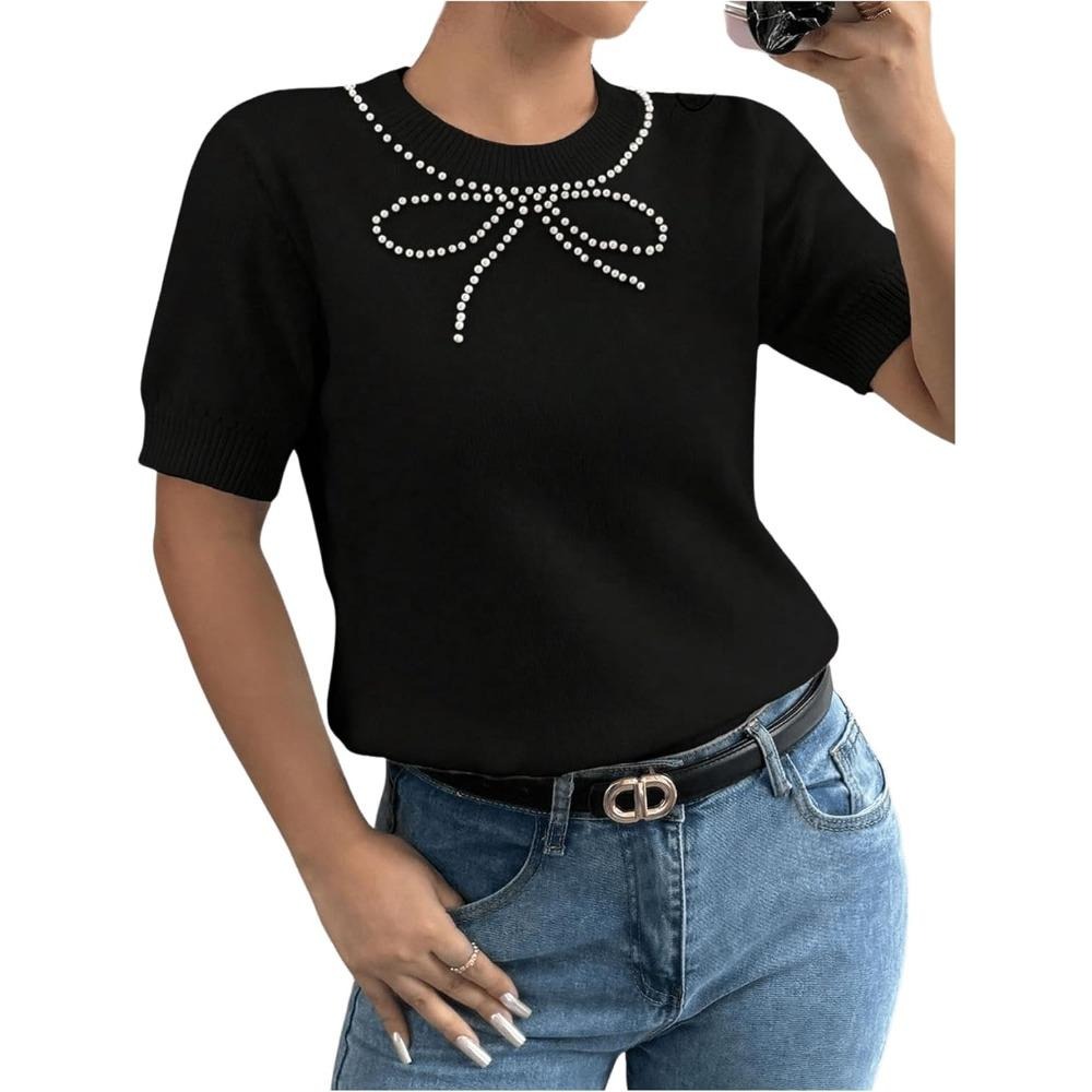 2025新款短袖T恤纯色蝴蝶结烫钻修身上衣