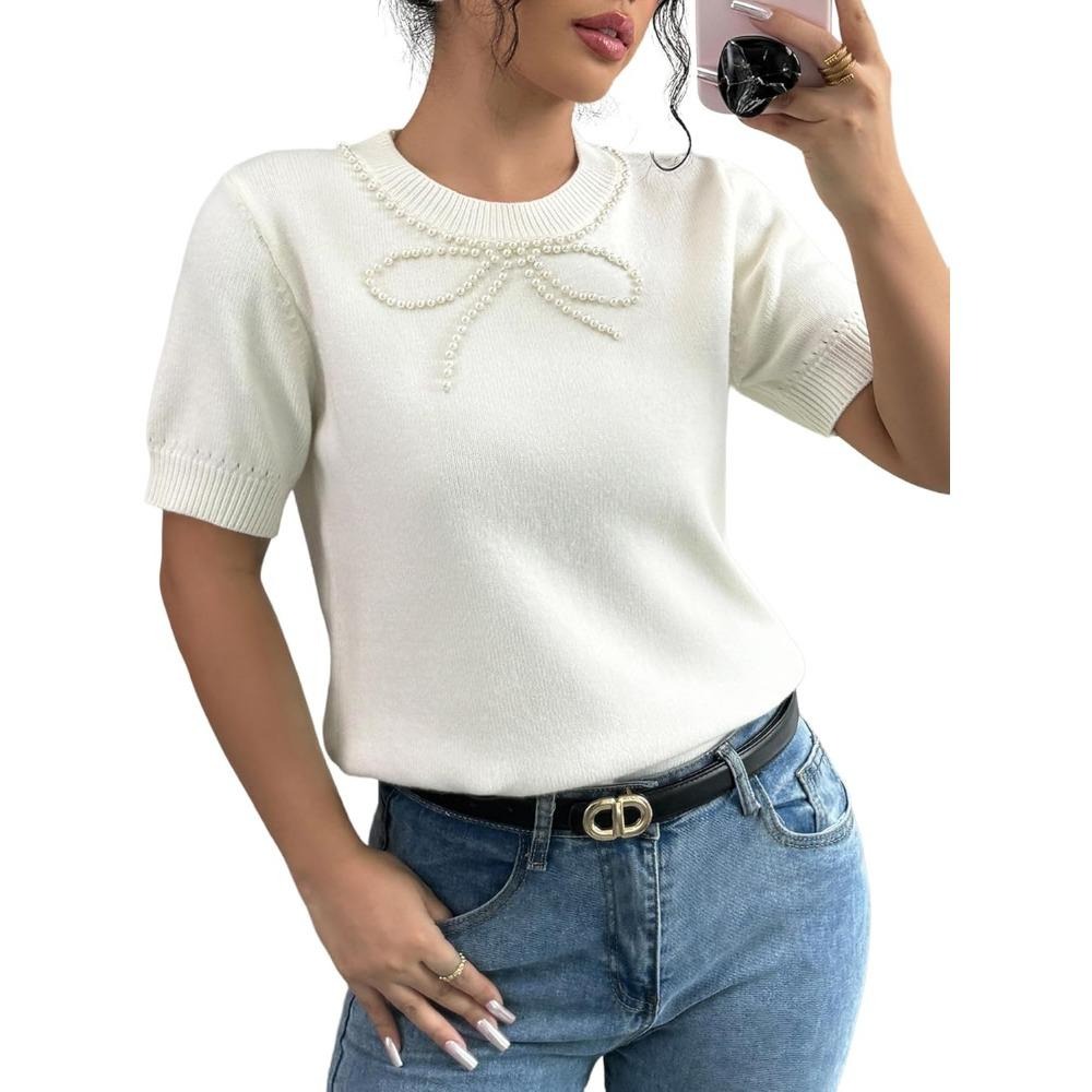 Women's Bow Sweater Crew Neck Short Sleeve Knitted Pullover Beaded Tops