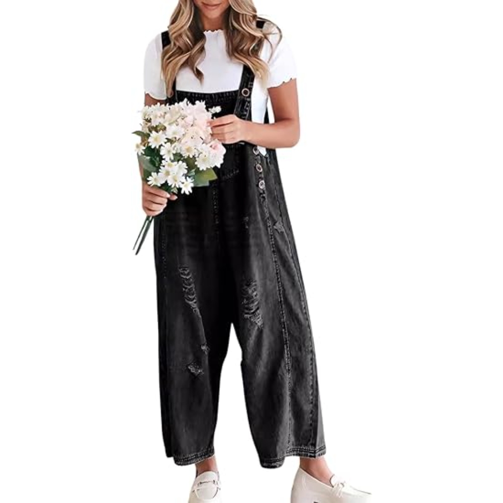 Womens Spring Summer Denim Bib Overall Wide Leg Baggy Jeans  Adjustable Strap Retro Distressed Loose Jumpsuit Y2K Casual Trendy Daily Work Streetwear 