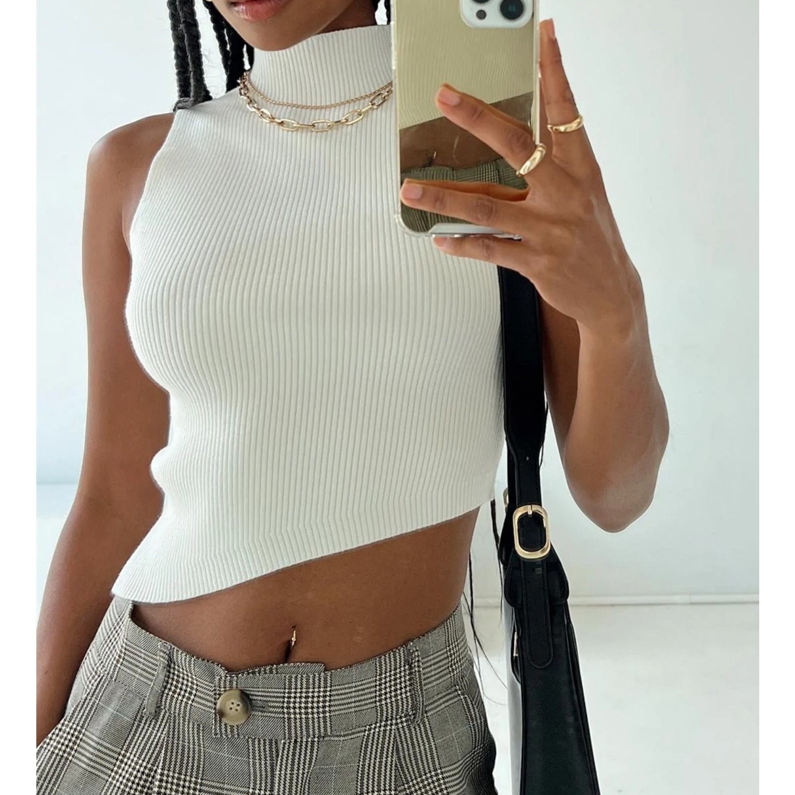 Women's Y2K High Neck Ribbed Knit Vest White Asymmetric Hem Sleeveless Crop Top Casual Streetwear Stretchy Tube Top Bandage Fit