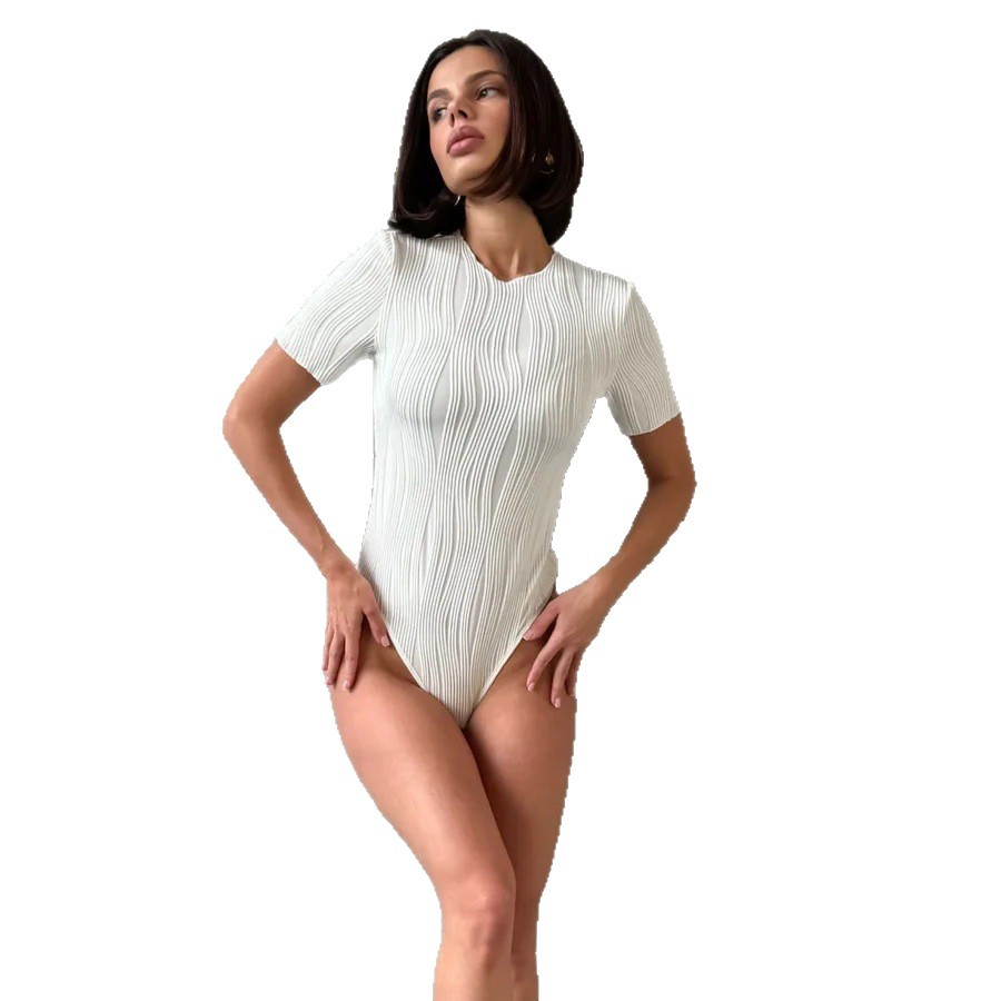 Women's Summer Short Sleeve Mock Neck Stretchy Bodysuit Solid Color Slim Textured Work Office Tops Shirt Y2K Sexy Casual Beach Vacation Night Out Trendy Outfit